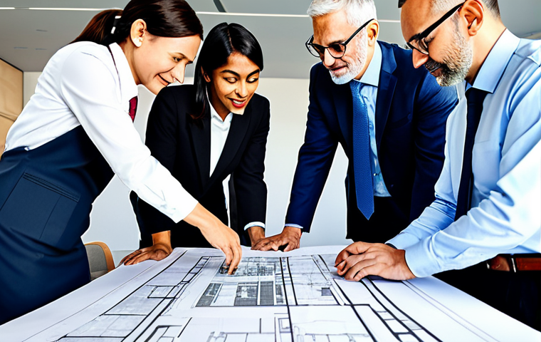 Interdisciplinary Team Meeting**
"A diverse team of professionals (architect, engineer, sociologist) collaborating around a table, reviewing blueprints for a sustainable city project, fully clothed in appropriate business attire, modern office setting, safe for work, perfect anatomy, natural proportions, professional, family-friendly, high quality, well-formed hands, proper finger count."
**