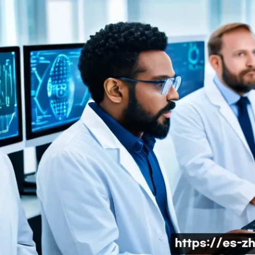 Home 33 간학문적 연구의 글로벌 협력 사례 - A diverse multinational research team collaborating in a modern laboratory, featuring scientists fro...